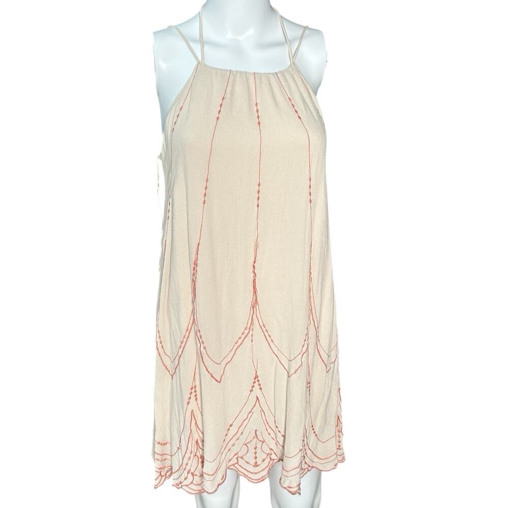 Maverick Sz S Boho Embroidered Rayon Mini Dress Cream Pink Beach fairy coquette